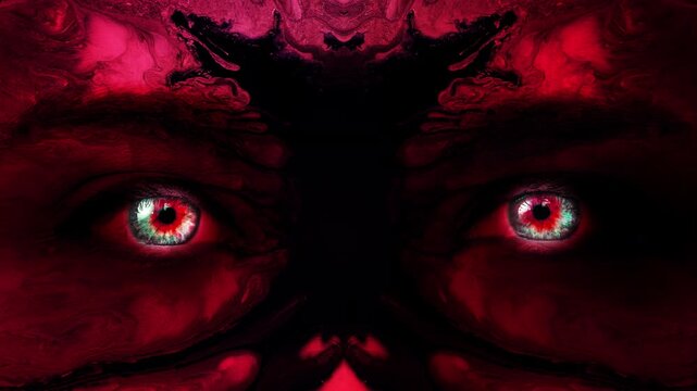 A mystic woman's face of red color close-up with colorful glowing eyes and patterns of dripping black paint on her face. Mysterious female gaze. Creative 4k time-lapse video.