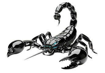 A life-size, hyper-detailed robotic scorpion with obsidian chrome armor and glowing cyan sensors, arched in an aggressive attack pose against a white studio void, technological danger concept