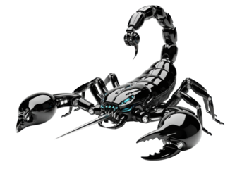 A life-size, hyper-detailed robotic scorpion with obsidian chrome armor and glowing cyan sensors, arched in an aggressive attack pose against a white studio void, technological danger concept
