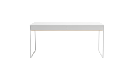 a pristine, rectangular, matte white minimalist desk isolated on an infinite transparent studio backdrop with soft, diffused high-key lighting, emphasizing clean geometry and sophisticated