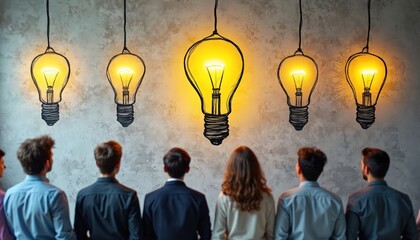 Group looks at lightbulb sketches on wall. Team thinks about project. Concept for team work ideas or education brainstorming. Brainstorming session with light bulbs on wall behind people.