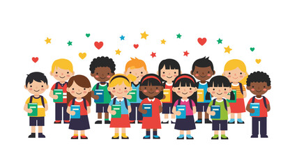 Fototapeta premium A diverse group of happy children standing together in a colorful vector illustration design