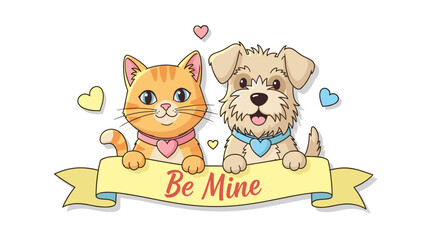 A cute cartoon cat and dog holding a banner that says Be Mine on Valentine's Day
