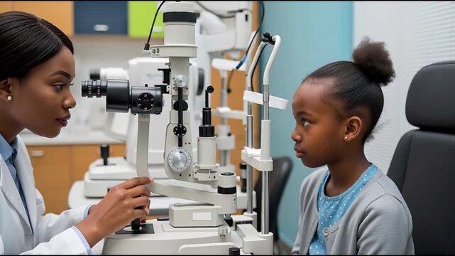 Young girl undergoing eye examination by a professional optometrist in a clinical setting