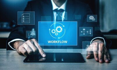 Workflow optimization concept featuring interconnected gears, task management, collaboration,...