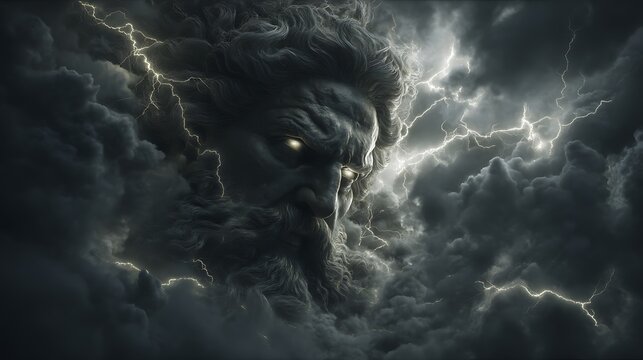 &ldquo;Zeus transformed into a dark god of thunder, surrounded by black lightning and storm clouds over Mount Olympus, demonic eyes glowing, cinematic fine art 