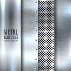 Realistic metal banners. Brushed steel or aluminium plate. Polished metal surface. Old grunge texture with scratches. Vector illustration