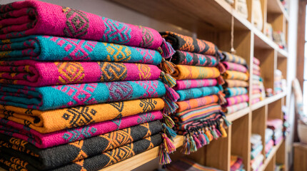 Colorful woven textiles stacked on shelves in a local market during the daytime in a vibrant artisan shop