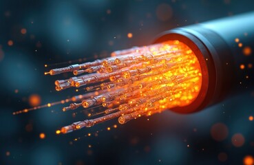 Orange light glows from bundle of fiber optic wires. Cables transmit digital data at high speed. Shows internet connectivity, global telecom tech, advanced communication. Modern concept ensures fast
