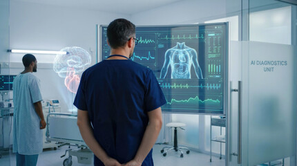 Obraz premium Medical professional monitoring a patient's holographic internal organs and vital signs on an advanced AI diagnostics display in a modern hospital room, showcasing innovative healthcare technology