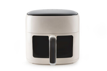 A sleek, minimalist cream-colored air fryer with a black digital touchscreen top. Professional kitchen appliance for healthy cooking, isolated on a clean white background.
