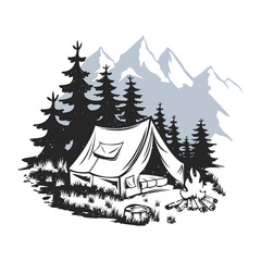 camping on the mountain vintage drawing illustration