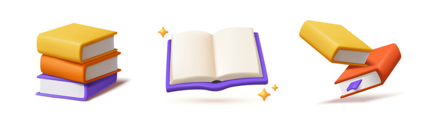 Set of 3D book icons. Stacks of colorful books, open textbooks for reading. Love of literature. Education and learning. Realistic plasticine style vector illustration collection isolated on background