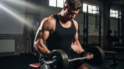 A muscular man in a black tank top lifting dumbbells in a gym with natural light. Perfect for fitness, workout routines, and health magazines.
