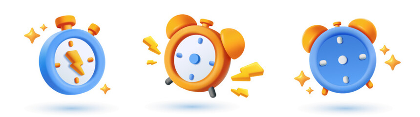 3d alarm clock icon set. Symbol of productivity, efficiency, time management, haste and energy. Realistic plasticine style vector illustration collection isolated on background
