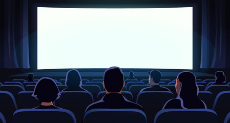 Cinema hall with white blank screen. Rear view of people sitting in dark movie theater and looking at blank screen. Rows of seats, cinema chairs. Copy space for overlay. Flat vector illustration