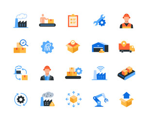 Factory icon set. Colorful signs with industry, manufacture, warehouse, factory, employees and machinery. Design elements for website. Flat vector illustration collection isolated on background
