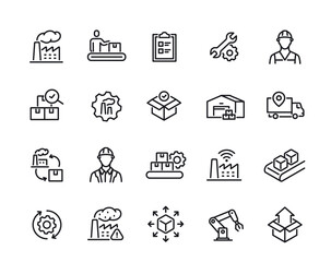 Factory line icons set. Simple symbols with industry, manufacture, warehouse, factory and machinery. Editable stroke. Outline vector illustration collection isolated on background