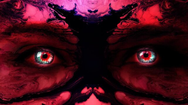 A mystic woman's face of red color close-up with colorful glowing eyes and patterns of dripping black paint on her face. Mysterious female gaze. Creative 4k time-lapse video.