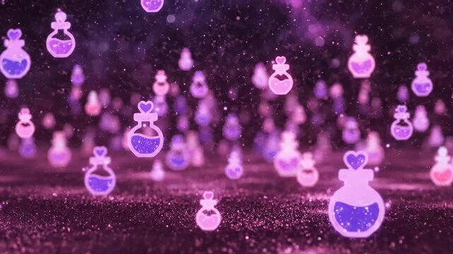 Love potion bottles floating falling pink purple glitter particle romantic magic valentine celebration seamless loop animation graphic