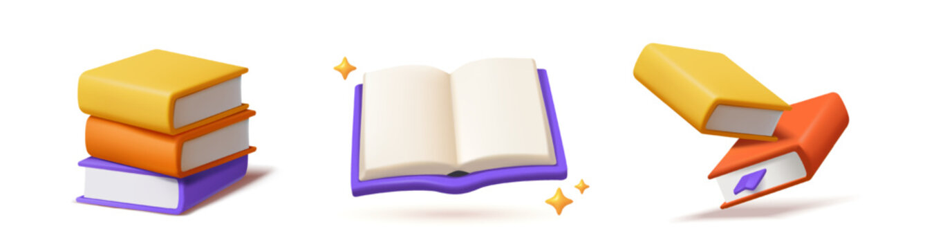Set of 3D book icons. Stacks of colorful books, open textbooks for reading. Love of literature. Education and learning. Realistic plasticine style vector illustration collection isolated on background