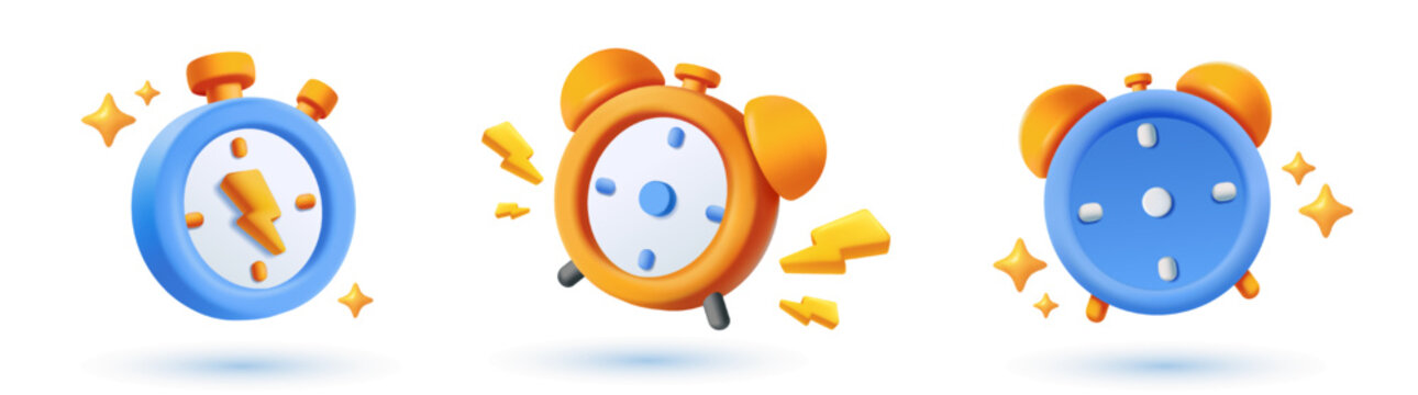 3d alarm clock icon set. Symbol of productivity, efficiency, time management, haste and energy. Realistic plasticine style vector illustration collection isolated on background
