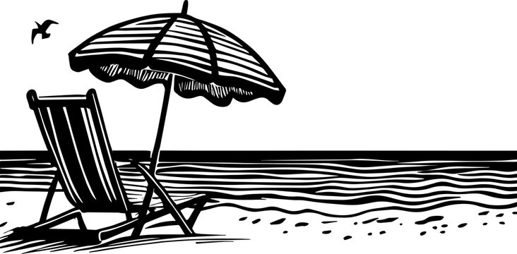 Beach Chair and Umbrella on Beach and Ocean Illustration