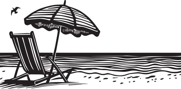 Beach Chair and Umbrella on Beach and Ocean Illustration