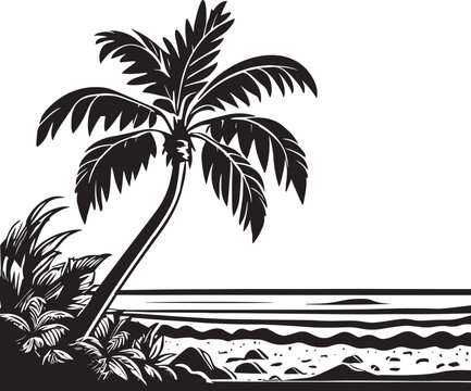 Tropical Beach and Waves With Palm Tree Illustration