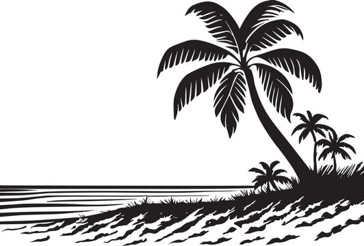Tropical Beach and Waves With Palm Tree Illustration
