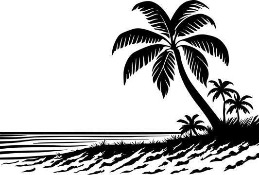 Tropical Beach and Waves With Palm Tree Illustration