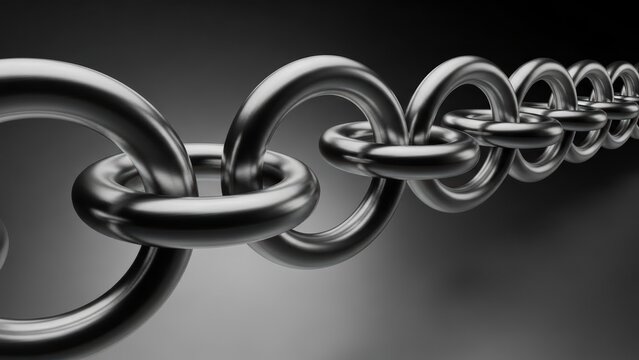 Abstract 3D render of interlocking metallic rings forming an infinite chain on a dark gradient background.