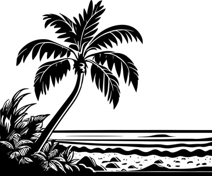 Tropical Beach and Waves With Palm Tree Illustration