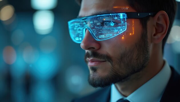 Man wears tech glasses with data interface. Concept of digital future shows business man with augmented reality glasses. Uses innovative tech, modern applications. Artificial intelligence for - Powered by Adobe