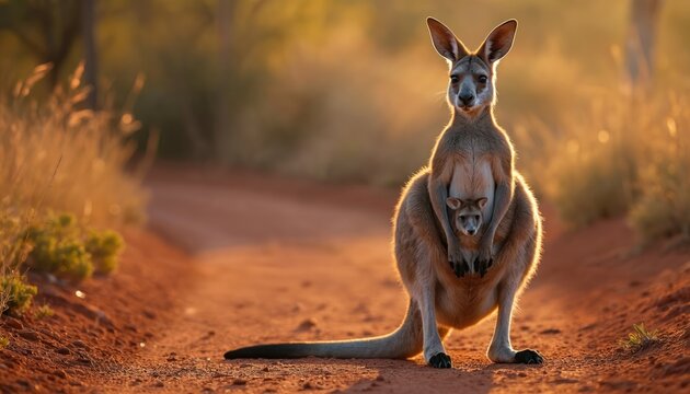 Kangaroo standing with joey in pouch on outback dirt road. Female kangaroo carries baby animal in belly bag. Wild mammal posing in sunrise light in Australian nature.