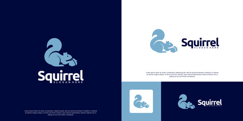 Squirrel logo with acorns, cute character, minimalist style, vector graphic design.