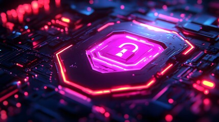 Glowing digital circuit board features an illuminated open padlock icon at its center
