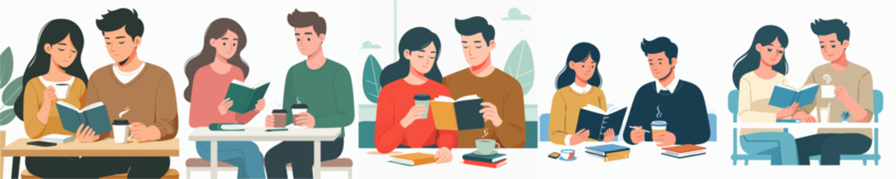 Flat Illustration Various People Reading Book and Drinking Coffee Together