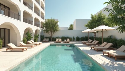 Fototapeta premium Modern white hotel building with clean lines and arches overlooks empty turquoise swimming pool. Lounge chairs and umbrellas offer relaxation by water. Green trees provide shade.