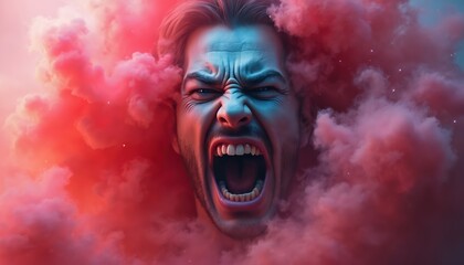 Angry man screaming in colorful clouds. Person shows negative emotion. Portrait expresses emotional eruption. Conceptual artwork represents anger. Face shows anger expression with passion. Person