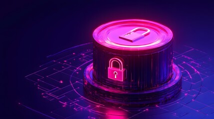 Cylindrical digital object featuring glowing symbols representing secure data protection against a dark background