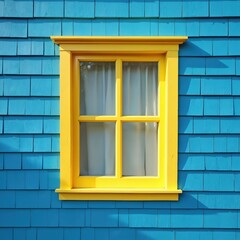 Obraz premium Bright yellow window frames view with white curtains on vibrant blue shingled house exterior. Simple, clean lines create cheerful, inviting architectural detail, perfect for cozy homes, cottage