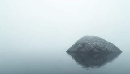 Large grey rock sits in calm sea water under misty fog. Solitary stone island reflects in still ocean surface. Peaceful nature landscape scene.