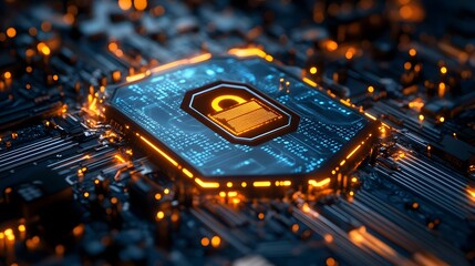 Illuminated central processing unit displays a glowing security lock icon on a dark electronic background