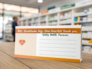 Thank You Prescription Pad Design with Gratitude Message and Blurred Pharmacy Background