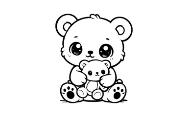 Obraz premium Cute kawaii bear with teddy bear in hand drawn black and white style