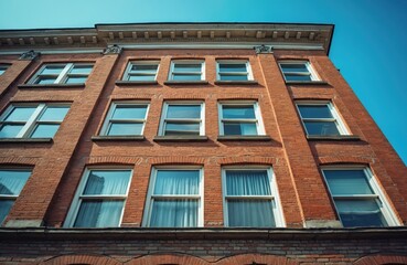 Obraz premium The photo presents a brick building facade with rows of windows against a clear blue sky. The architecture reflects traditional design. It is a visual representation of the cityscape.
