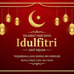 Idul Fitri Greeting Card with Lanterns and Crescent Moon.