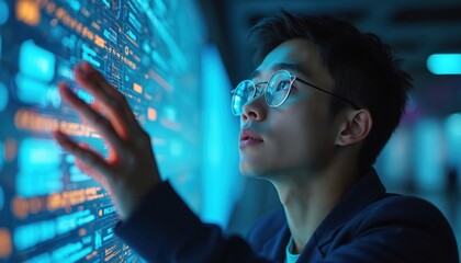 Young Asian man interacts with glowing futuristic screen. He uses hand gestures to navigate holographic data interface. Future tech, innovation, and AI are present. He looks with curiosity.