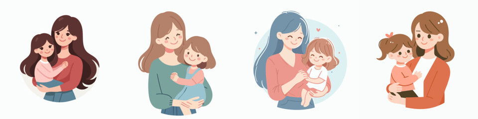 Cute Cartoon Illustration of Mother with Daughter Love and Affection Clipart